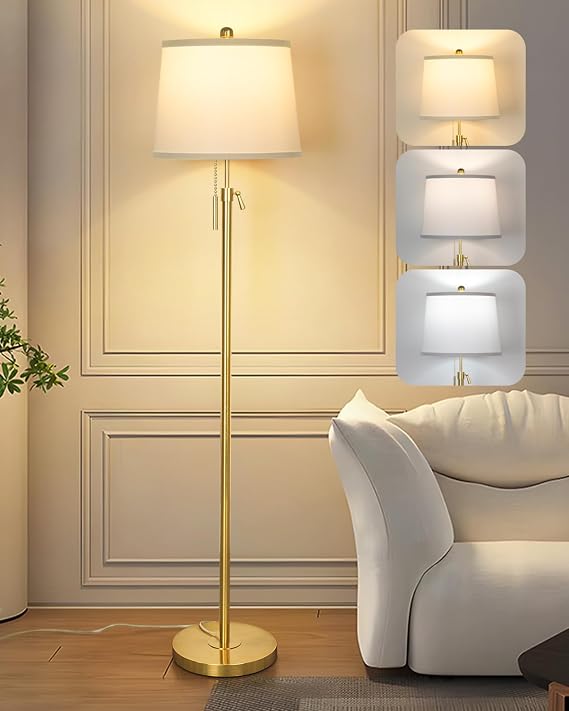Qingmiao Floor Lamp,Gold Modern Lamps for Living Room with Lampshade | 140-165cm Adjustable Height,3 Colors Temperature,E27 Socket,Tall Standing Lamp for Bedroom Reading Office,9W Bulb Included [Energy Class A]