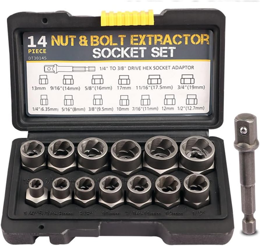 38'' Drive Impact Bolt Nut Extractor Set, 13 Pcs Lug Nut Remover Kit 14''-34'' Twist Socket Tool Set with a 14'' Hex Drive to 38'' Socket Adapter LY-1111