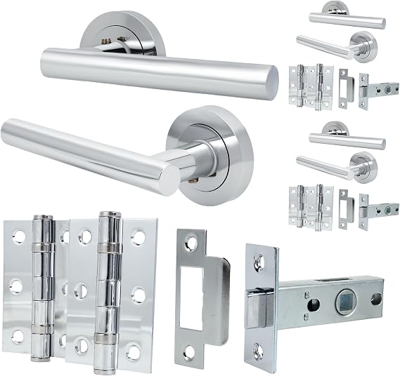 Door Handle, 3pc, Silver | Modern Door Handle Set with Hinges; Silver T-Bar Lever Handles; Complete Installation Hardware Kit