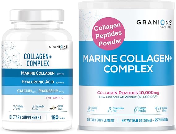 Granions Collagen Complex Calcium Magnesium and Marine Collagen Powder unflavored Wellness & Beauty Bundle