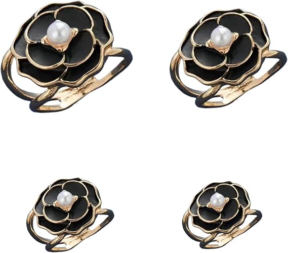 4PCS Fashion Scarf Rings Holder, adjustable Coat Belt Buckle for Trench Coat, Multi-Functional Magnetic Flower Brooch for Shawl Wrap, Scarf Clip (Black Floral,Alloy)