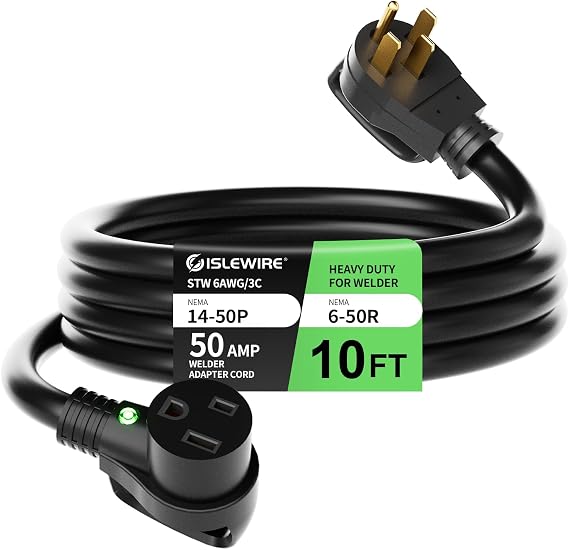 6 AWG Welder Extension Cord 10FT, NEMA 14-50P to 6-50R Adapter, 50 Amp 250V 12500W, Heavy Duty 4-Prong to 3-Prong Welding Power Cord with Handles & LED Indicator, Generator to Welder Use