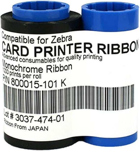 800015-101 Black Ribbon for Zebra P300 P310 P320i P330i P400C P420 P430i P500C P520C P520 P600C Card Printers 1000 Prints Monochrome Compatible