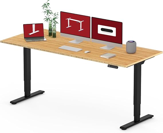 SANODESK Standing Desk with Dual Motor, 3-Stage Lifting Column, Handset with 3 Preset and Sit-Stand Reminder - 72 inch Whole Piece Real Bamboo/Black Frame, Height Adjustable Desk for Home and Office