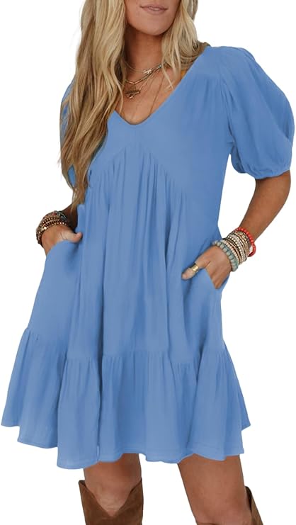 Acelitt Women's Summer Dresses 2026 Beach Casual Deep V Neck Loose Sundress Short Sleeve Mini Dress