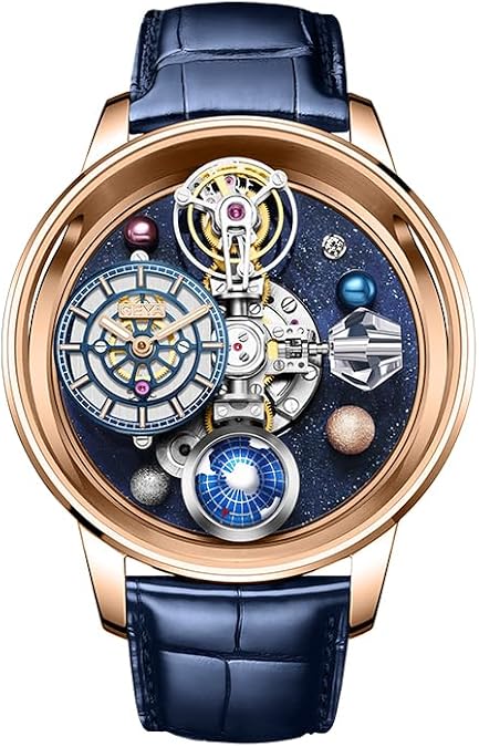 GeYa Mens Planetary Mechanical Watch, Skeleton Dial with Planet-Inspired Design, Stainless Steel Case, Mineral Glass, Genuine Leather Strap, Elegant Dress Watch for Business, Collectors & Gift
