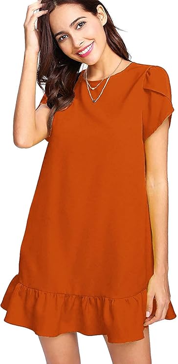 Women's Summer Casual Dresses Ruffle Hem Petal Short Sleeve Loose Swing Tunic Mini Dress