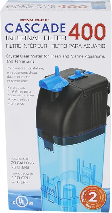 Penn Plax Cascade 400 Submersible Aquarium Filter Cleans Up to 20 Gallon Fish Tank With Physical, Chemical, and Biological Filtration, CIF2