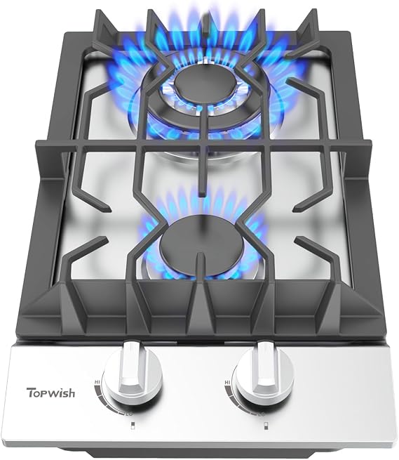 TOPWISH 12 Inch Gas Stove Top 2 Burner Propane Gas Cooktop Stainless Steel