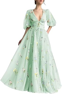 Basgute Womens Long Sleeve Flower Embroidery Tulle Prom Dresses Maxi A Line V Neck Fairy Formal Evening Party Gown