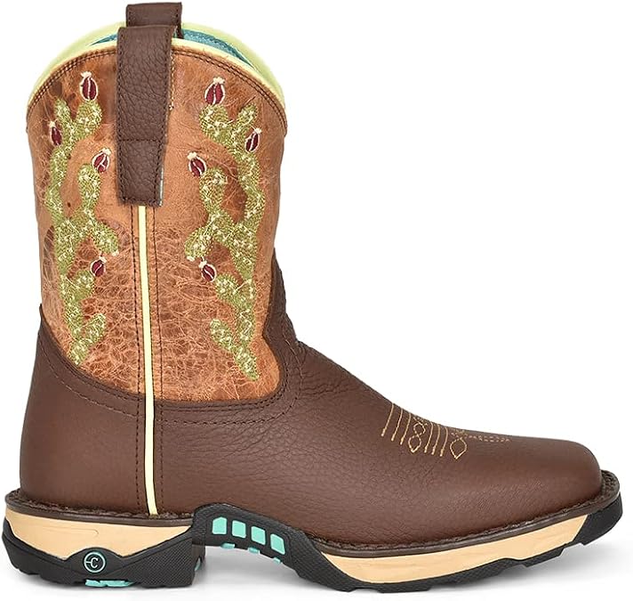 Corral Ladie's Tan Hydro Resist/blue Top Cactus Farm&ranch Dual Density Sole Sq Toe, Rubber Sole, Ranching W5003