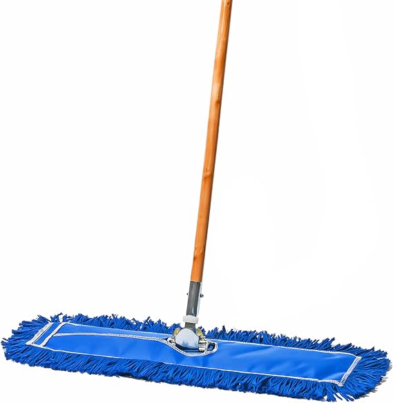24 Inch Blue Commercial Dust Mop & Floor Sweeper Wood Handle Floor Mop for Tile, Hardwood & Concrete