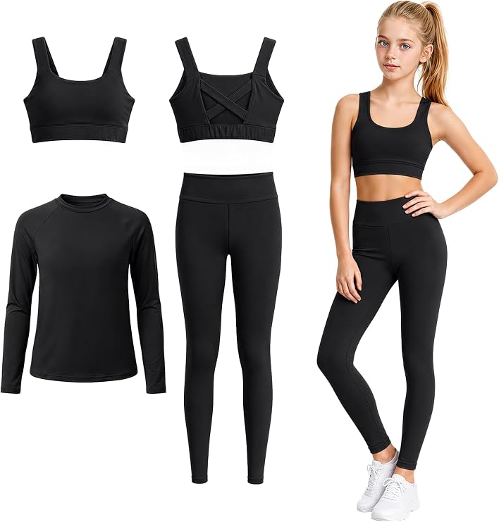JiAmy Girls 3 Piece Activewear Set with Sports Bra, Top and Leggings