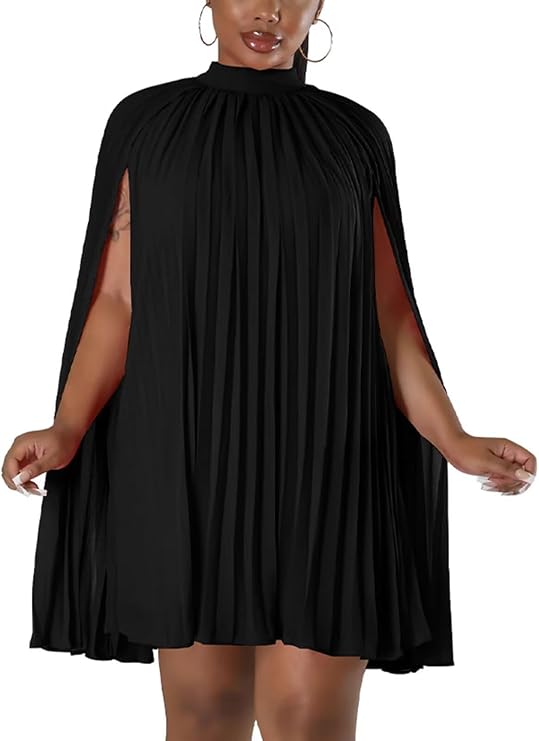 Ekaliy Women's Cape Dress Pleated Cocktail Party Mini Dress