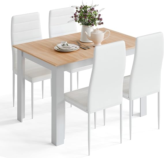 Mondeer Dining Table and Chairs Set 4, 120x80x75cm, for Kitchen Home Office | 4 Seater Table and Chairs Set Dining Room Sets High Back Faux Leather Chair, Oak Table and White Chairs