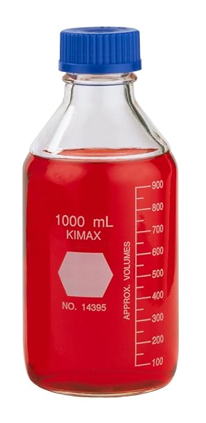 Kimble 14395-1000 Borosilicate Glass GL-45 Media/Storage Bottle With Blue Polypropylene Screw Thread Cap, 1000mL (Case of 10)