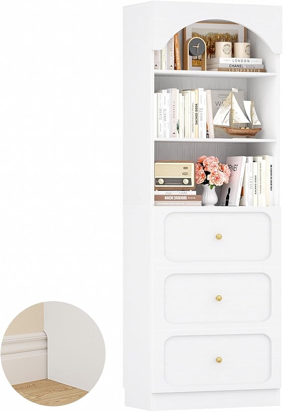 Cyclysio 80" Tall Bookshelf with 3 Drawers, Arched Bookcase with 3 Open Shelves, Wood Pantry Storage Shelf with Seamless Fit Wall for Living Room, Bathroom, Kitchen
