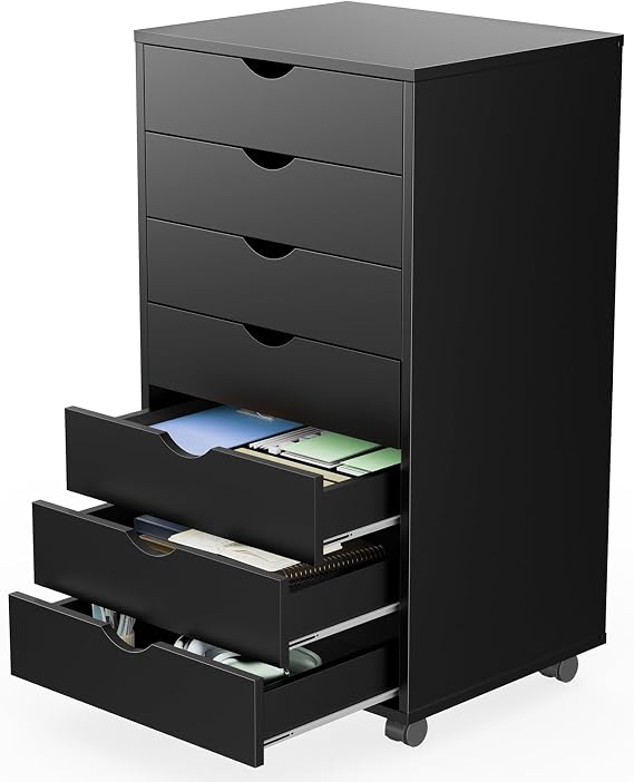 Sweetcrispy 7 Drawer Wooden Dresser, Storage Cabinets, Room Organization | Mobile Rolling Wheels, Vertical Organizer Chest, Home Office Bedroom Furniture, Black Wood