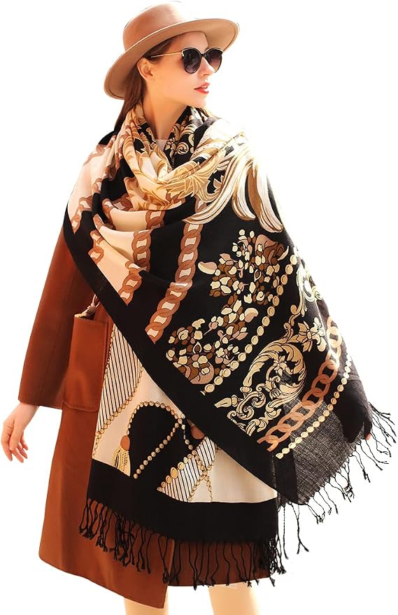 DANA XU 100% Merino Wool Extra Large Pashmina Shawl for Women | 96"x43" Oversized Cashmere Wrap with Handmade Tassels, Lightweight Floral Travel Blanket Cape for Evening Dress