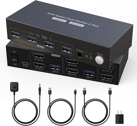 HDMI KVM Switch 2 Monitors 2 Computers 4K60Hz with 4 USB 3.0 Dual Monitor for Dual PC or Laptops Share 1 Set of Keyboard Mouse Printer with EDID Adaptive, 2*USB Cables, 1*Power Adapter and Controller