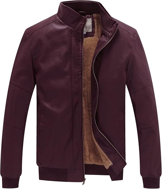 WenVen Men's Stand Collar Fleece Lined Faux Leather Jacket Warm Winter Coat