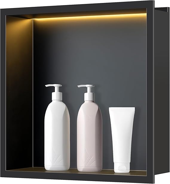 FTL Shower Niche with LED Light 30 x 30 cm,Black Stainless Steel Shower Niche with 3000K Non-Dimmable LED Light,No Tile Needed Recessed Bathroom Wall Niche Waterproof,Lighted Niche for Shower Wall