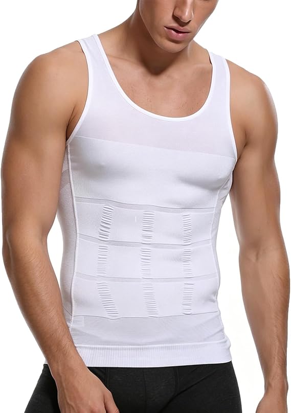 Compression Vest Men Slimming Waist Trainer Shapewear Vest Body Shaper Tank Top Seamless Undershirts (UK, Alpha, L, Regular, Regular, White)
