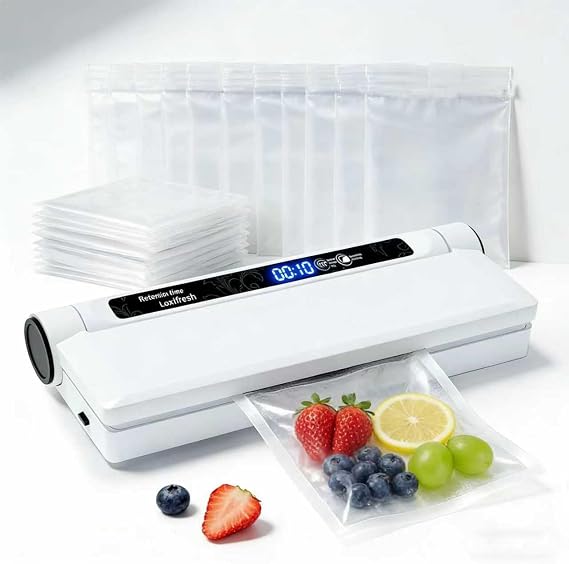 Food Vacuum Sealer Machine, 75KPA Strong Suction, Dry/Wet Modes, 20 Bags Included, Digital Countdown Timer, LED Indicator, Compact Design for Home Kitchen and Food Storage