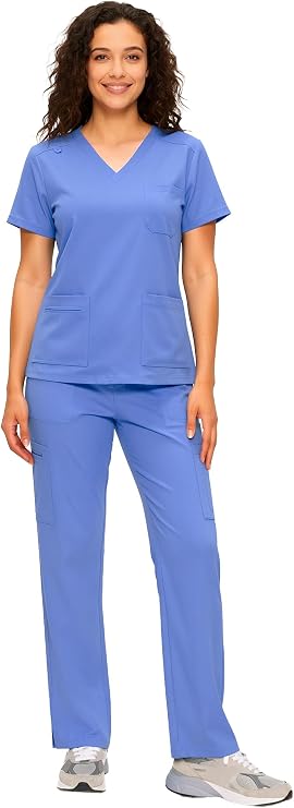 COZYFIT Scrubs for Women - V Neck Top & Cargo Straight Pants 12 Pockets