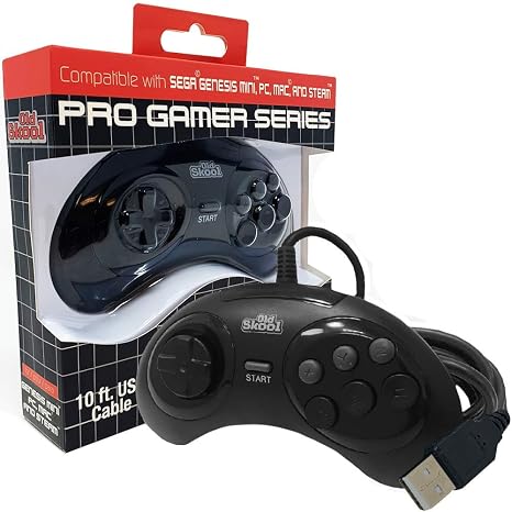 Old Skool USB 6-Button Arcade Controller for Genesis Mini, PC, Switch | For Sega Genesis, Genesis Mini, PS3, Nintendo Switch, PC, Mac, Controller Accessory, Black