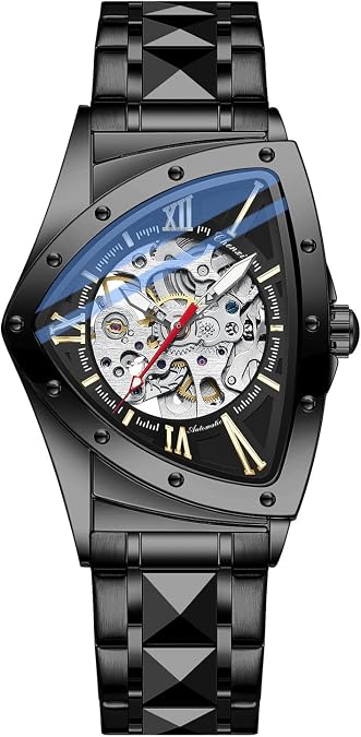 Tiong Men's Triangle Skeleton Mechanical Watch - Unique Design, Water Resistant & Luminous | Stainless Steel/Black Leather Strap | Perfect for Business & Casual