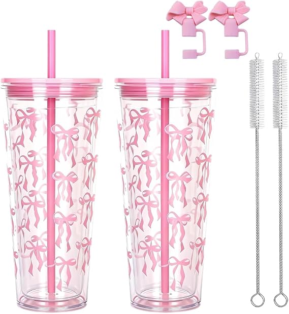 700ml Plastic Cups with Straw and Lid, 2 Pack Reusable Tumbler for Iced Coffee, Cold Drinks, Smoothies, Double Wall Insulated Plastic Tumbler for Office, Travel and Daily Use (Pink Bow)