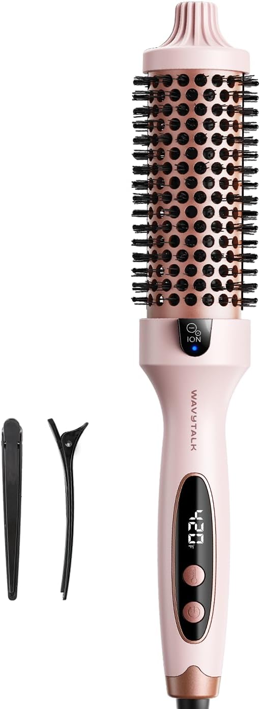 Wavytalk Thermal Brush, 1.5 inch Heated Round Brush for Blowout Look, Dual Voltage, Pink, Sakura, Tourmaline Ceramic, Negative Ion Technology, 5 Temperature Settings