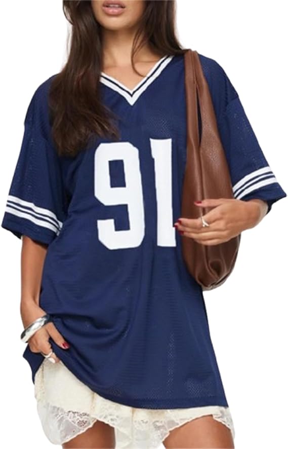 Women Y2k Jersey Shirts Short Sleeve V Neck Oversized Number Graphic T-Shirt Sport Casual Tee Tops Summer Streetwear