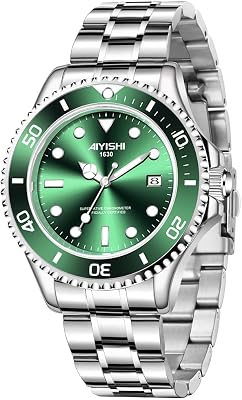 Luxury Mens Watch Waterproof Analog Quartz Wristwatch with Date Silver Stainless Steel Green Big Face Luminous Dress Business Watch for Men Relojes de Hombre Calendar
