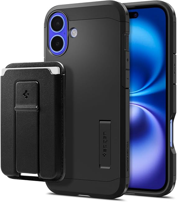 Spigen Tough Armor (Ai) (Black) Designed for iPhone 16 Plus Smart Fold 2 (MagFit) Wallet Card Holder