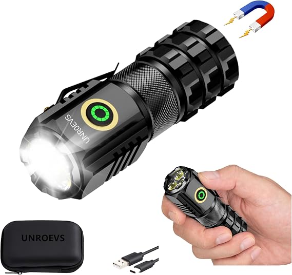 UNROEVS XC06 Led Small Flashlight 2550 Lumens with Magnetic Base | Mini Flashligts USB-C Rechargeable with Clip,5 Modes,Super Bright Pocket EDC Flash Light for Camping,Emergency