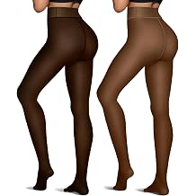 OEAK Womens Fleece Lined Tights Leggings Sheer Fake Translucent Pantyhose Tights Thermal High Waisted Footed Opaque Leggings 2 Pairs Black + Coffee 220g S/M PLUS
