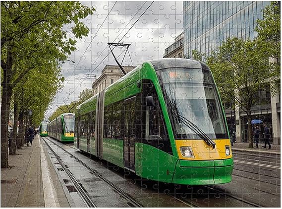 500Pcs Puzzle Modern City Tram Puzzle Green Yellow Urban Street with Trees Glass Office Building Pedestrians Overcast Wet Ground Scene Family Game Home Decor 14.9X20.4 Inch
