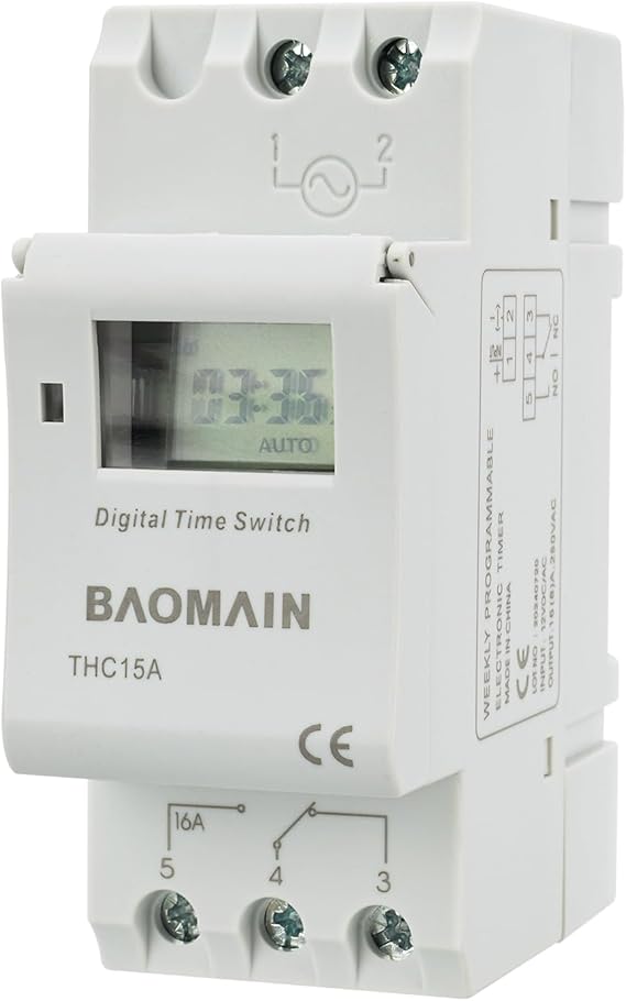 BAOMAIN THC15A 12V Digital Programmable Timer Switch,16A Weekly Relay | AC/DC 12V Power Input with 16A Max Switch Capacity,Up To 250VAC,Supports 28 Weekly Settings. Din Rail Mount