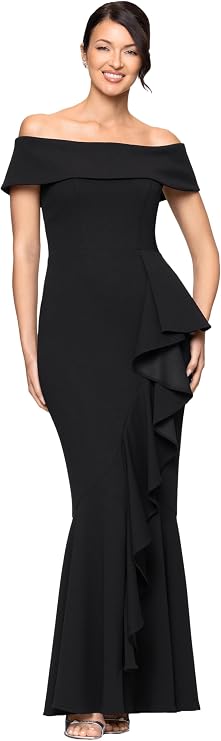 Betsy & Adam Women's Women's Long Off Shoulder Cascade Ruffle Stetch Scuba Crepe Gown