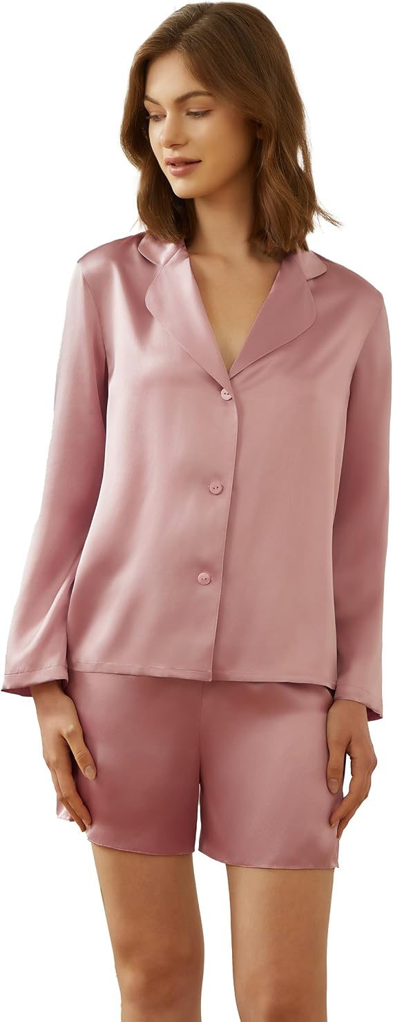Mommesilk Real Silk Pajamas for Women Long Sleeve with Shorts Button Up Cute 100% 2 Piece Silk Sleepwear Washable