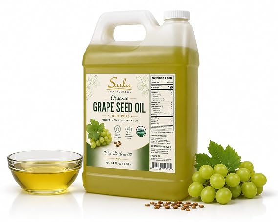 SULU ORGANICS 100% Pure Cold Pressed Unrefined Grapeseed Oil (4 lbs/ 64 oz)