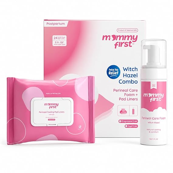 Mommy First Probiotic Witch Hazel Postpartum Foam & Perineal Cooling Liners Alcohol-Free Postpartum & Perianal Soothing Care 24 Full-Length Liners + 5oz Foam