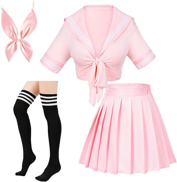 Japanese Anime Schoolgirl Classic Sailor JK Harajuku Crop Top Tie up Pleated Skirt Uniform Seifuku Socks Bow Set