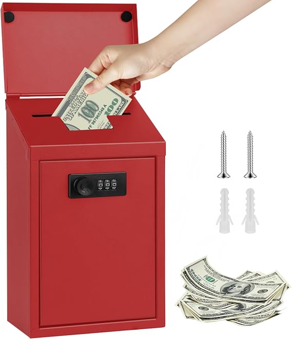 Secure Metal Donation Box with Combination Lock, Wall Mounted Suggestion Box for Charity, Ballot & Key Drop - Heavy Duty Steel Collection Box for Office, School & Business (Red)