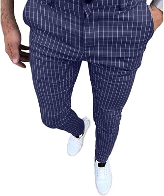 Banana Bucket Mens Casual Fashion Slim Fit Stretch Flat-Front Skinny Dress Pants Gray Plaid with Pockets