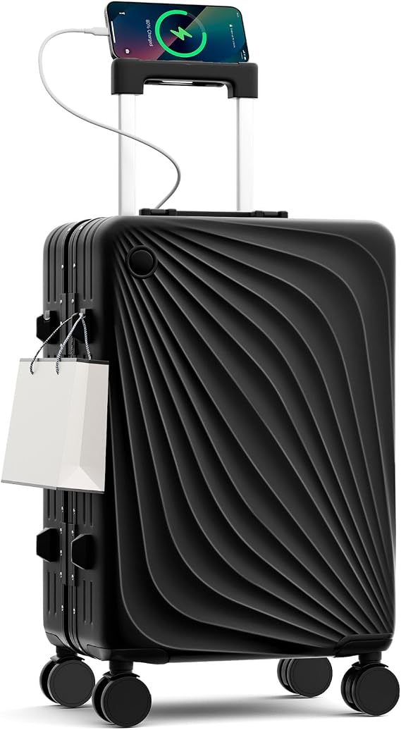 Carry On Luggage, Aluminum Frame Zipperless Suitcase, Black, 20 in
