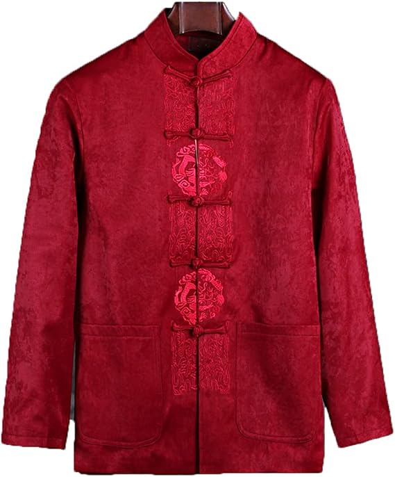 Red Tang Suit Men Chinese Hanfu Coat Chinese Clothing Kung Fu Jacket Clothing Martial Arts Clothes Long Sleeved Coat