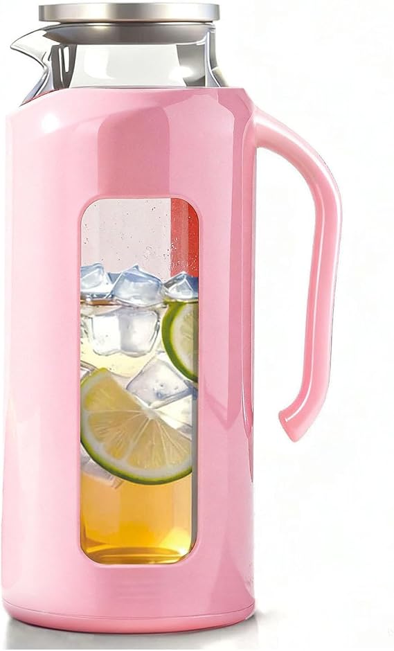 Delove Glass Pitcher with Lid & Shatterproof Shell Heat-Resistant Borosilicate Glass Jug, 2 L/68 oz with Handle & Spout Perfect for Iced Tea, Juice, Hot & Cold Waterr (Pink)